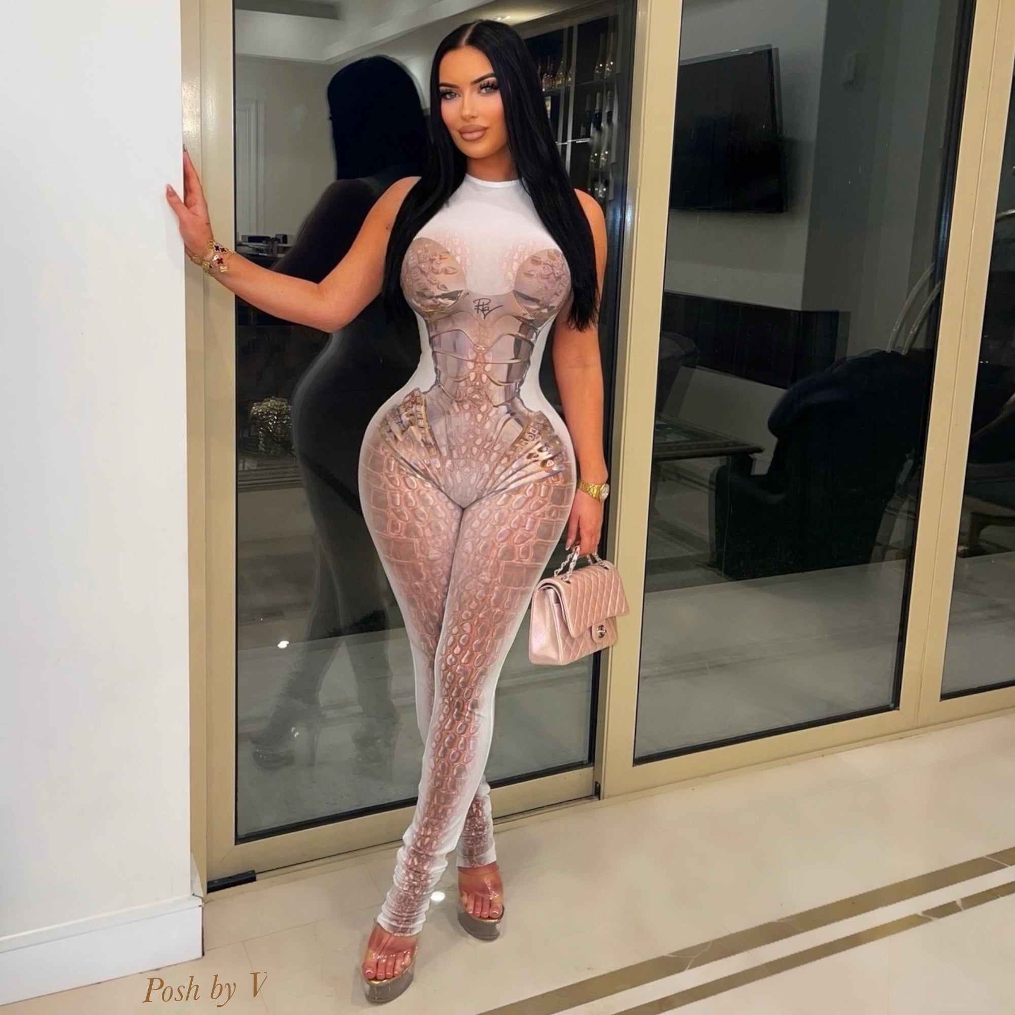 Posh croc body jumpsuit (White/brown)