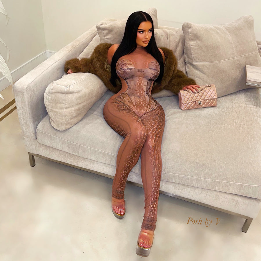 Posh croc body jumpsuit (Nude/brown)