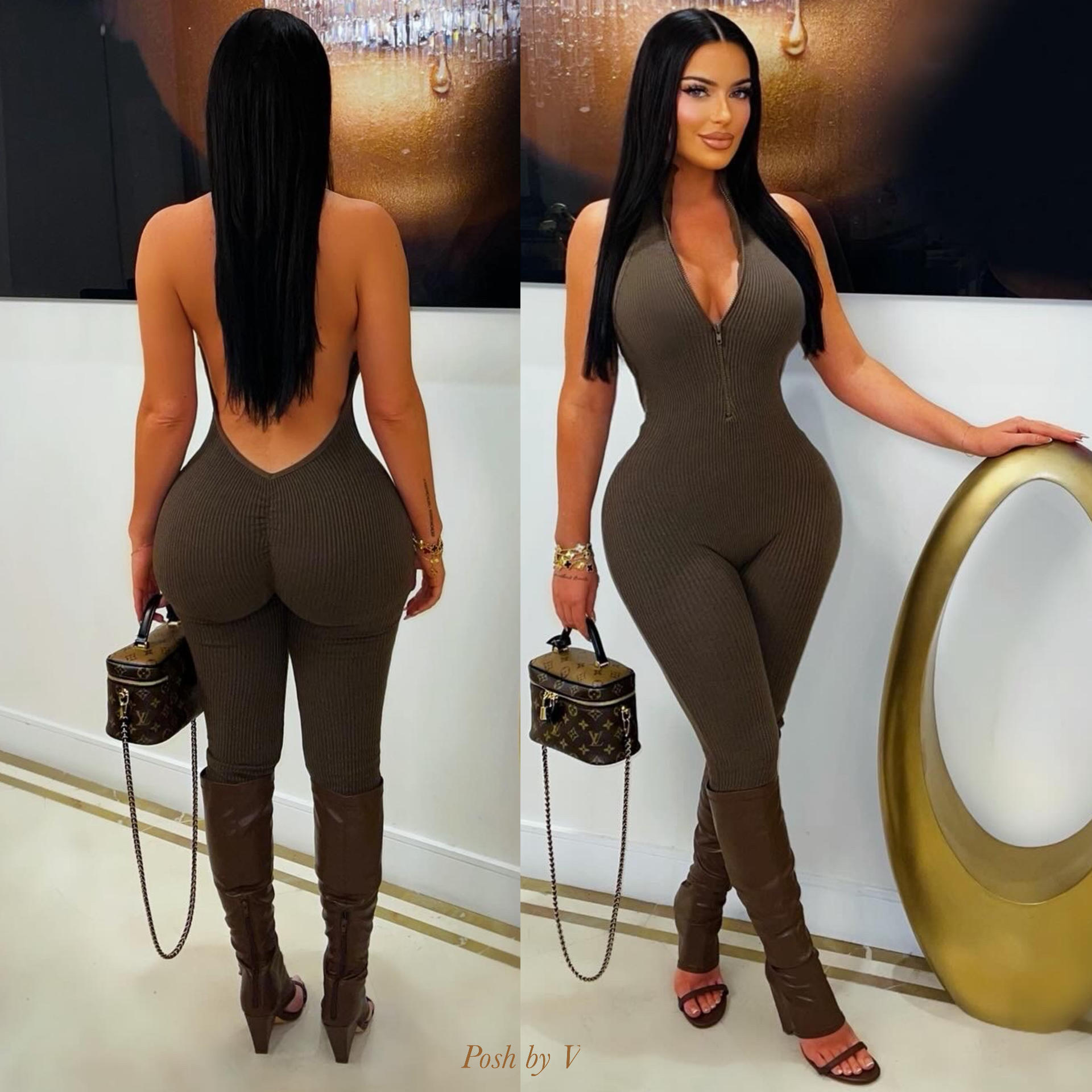 Pure rib jumpsuit (Brown)