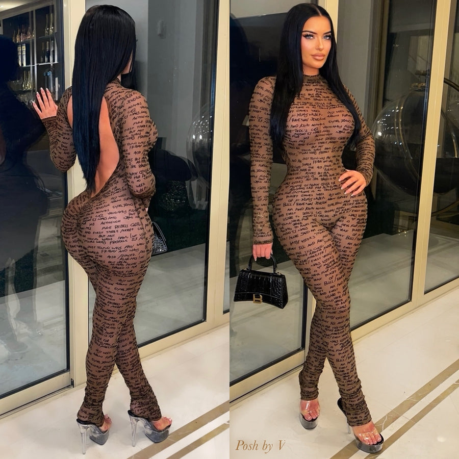 Rave script jumpsuit (Brown/black)