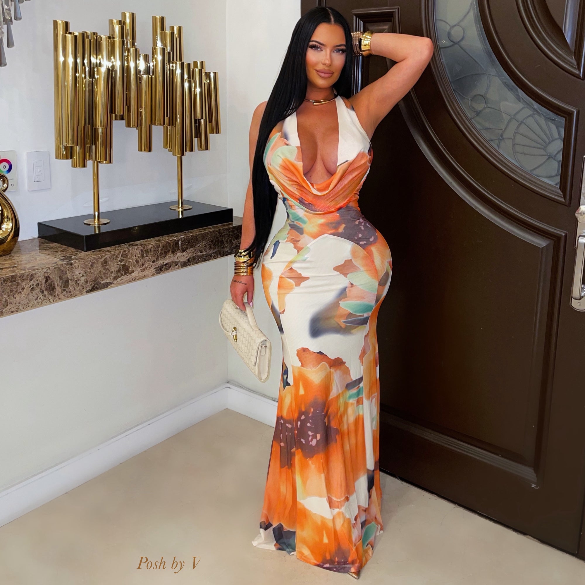 Paloma maxi dress (Orange/ivory)