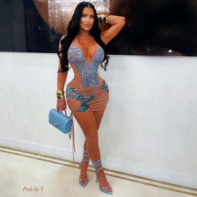 Posh croc monokini skirt set (Nude/blue)