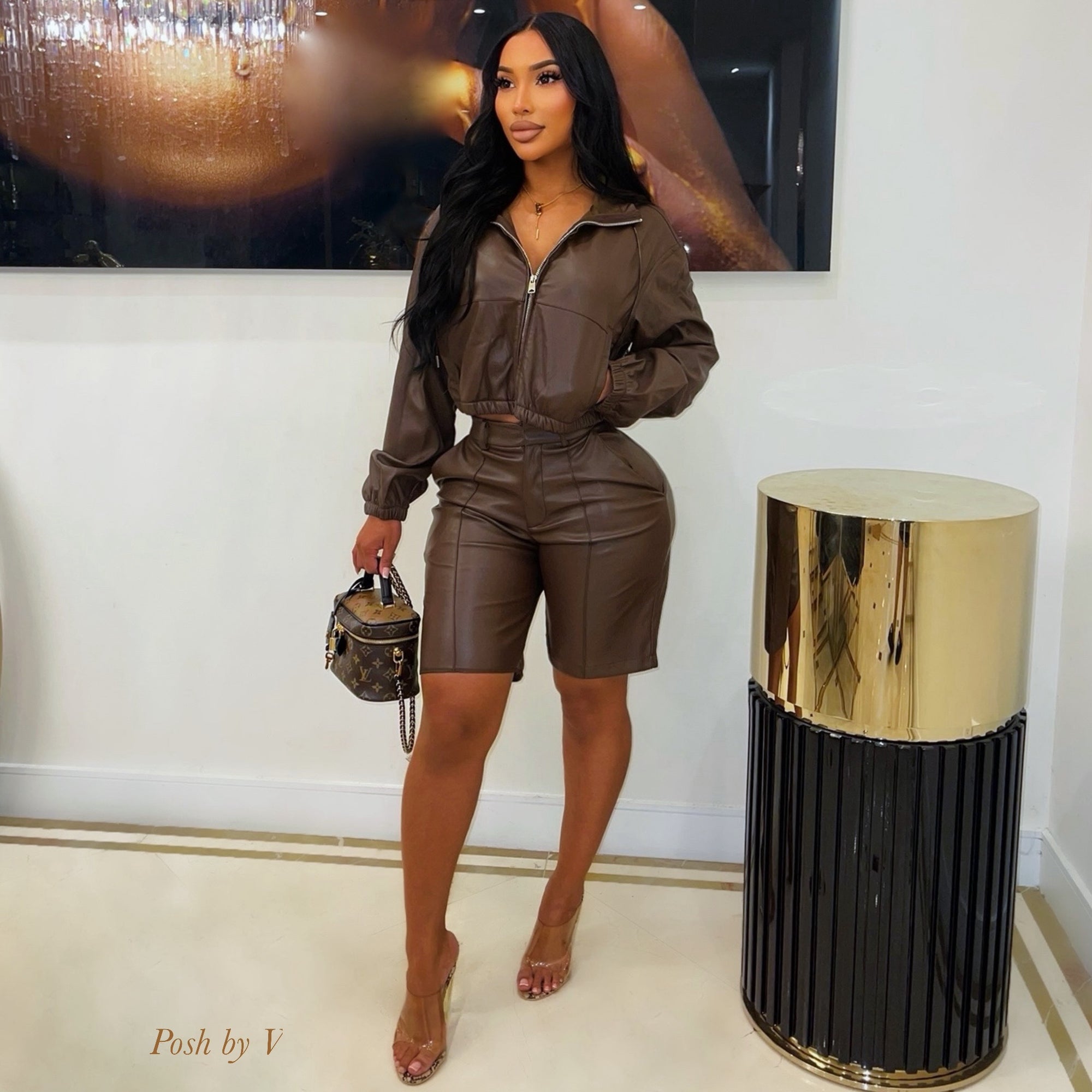 Bermuda leather shorts set (Brown)