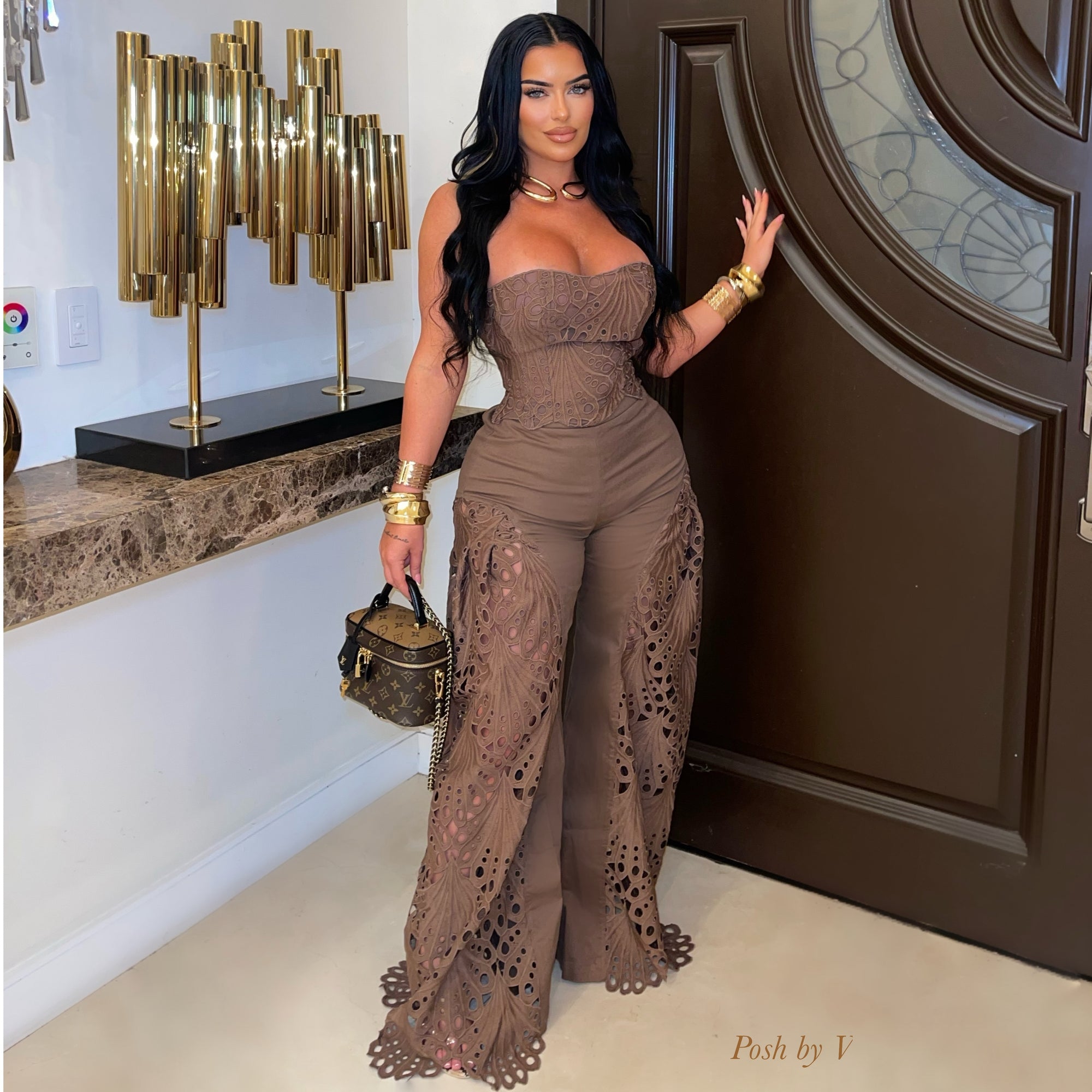 Isha embroidered pants set (Brown)