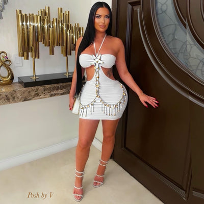 Setai cut out mini dress w/chain (White)