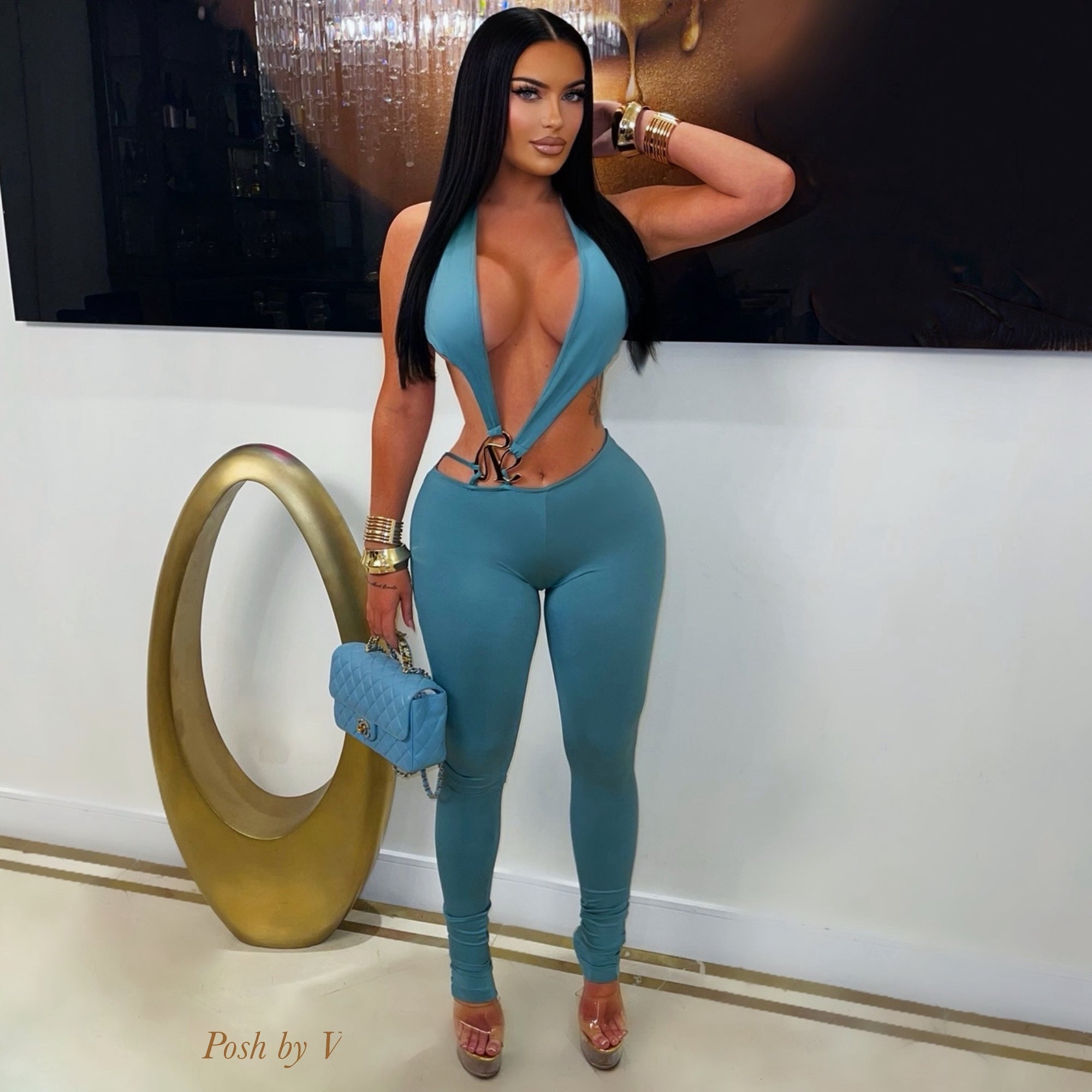 Polish caged jumpsuit (Aqua/gold)