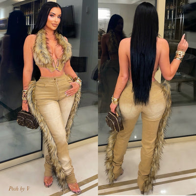 Posh fur denim pants set (Honey/gold)