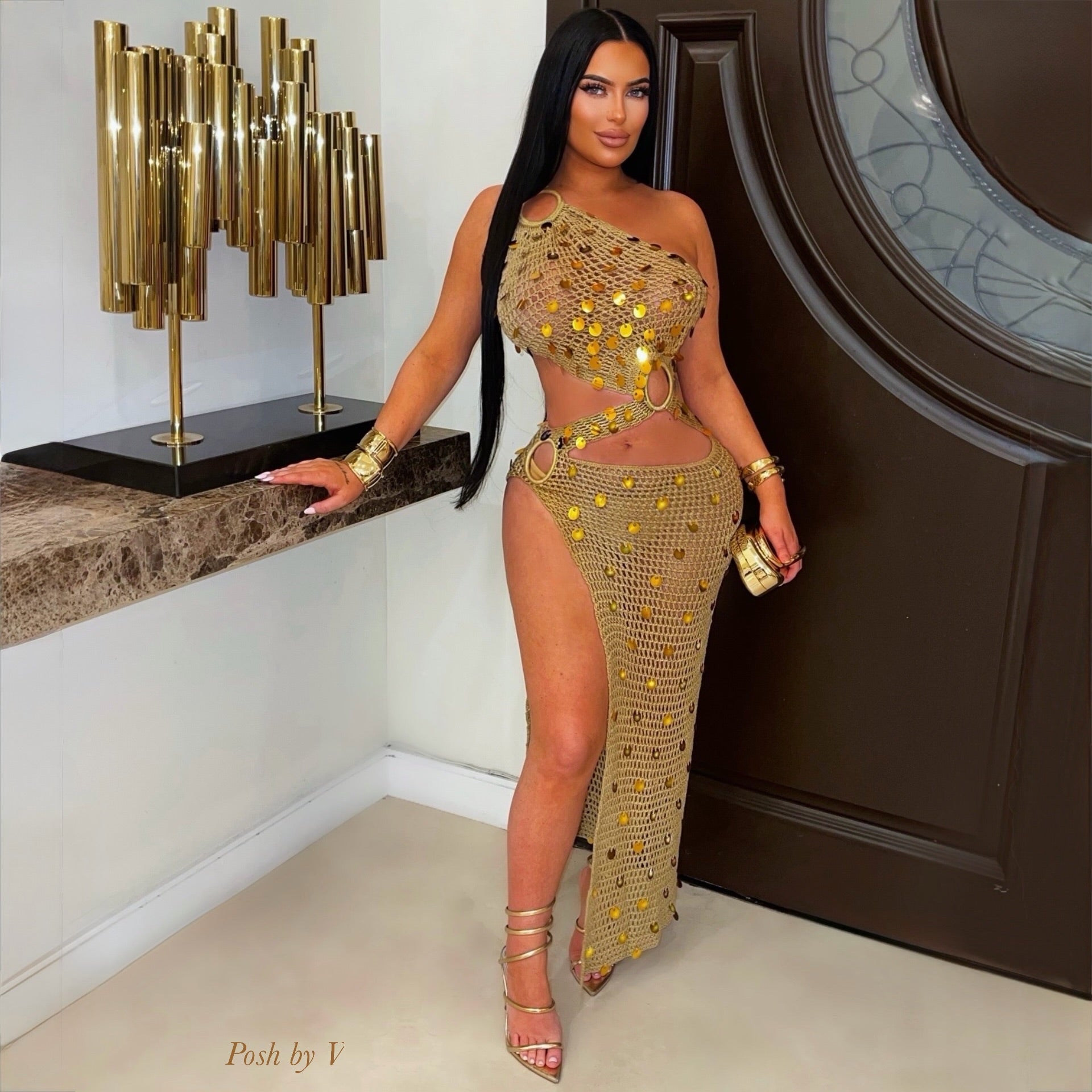 Nurela crochet glam dress (Mocha/gold)