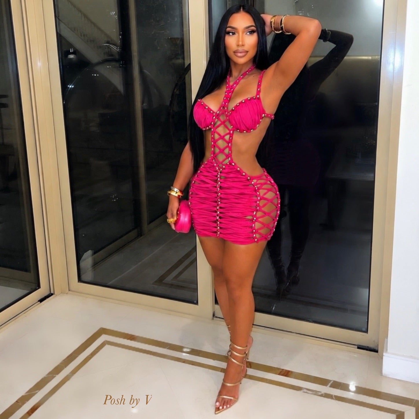 Paloma caged mini dress (Pink/gold)