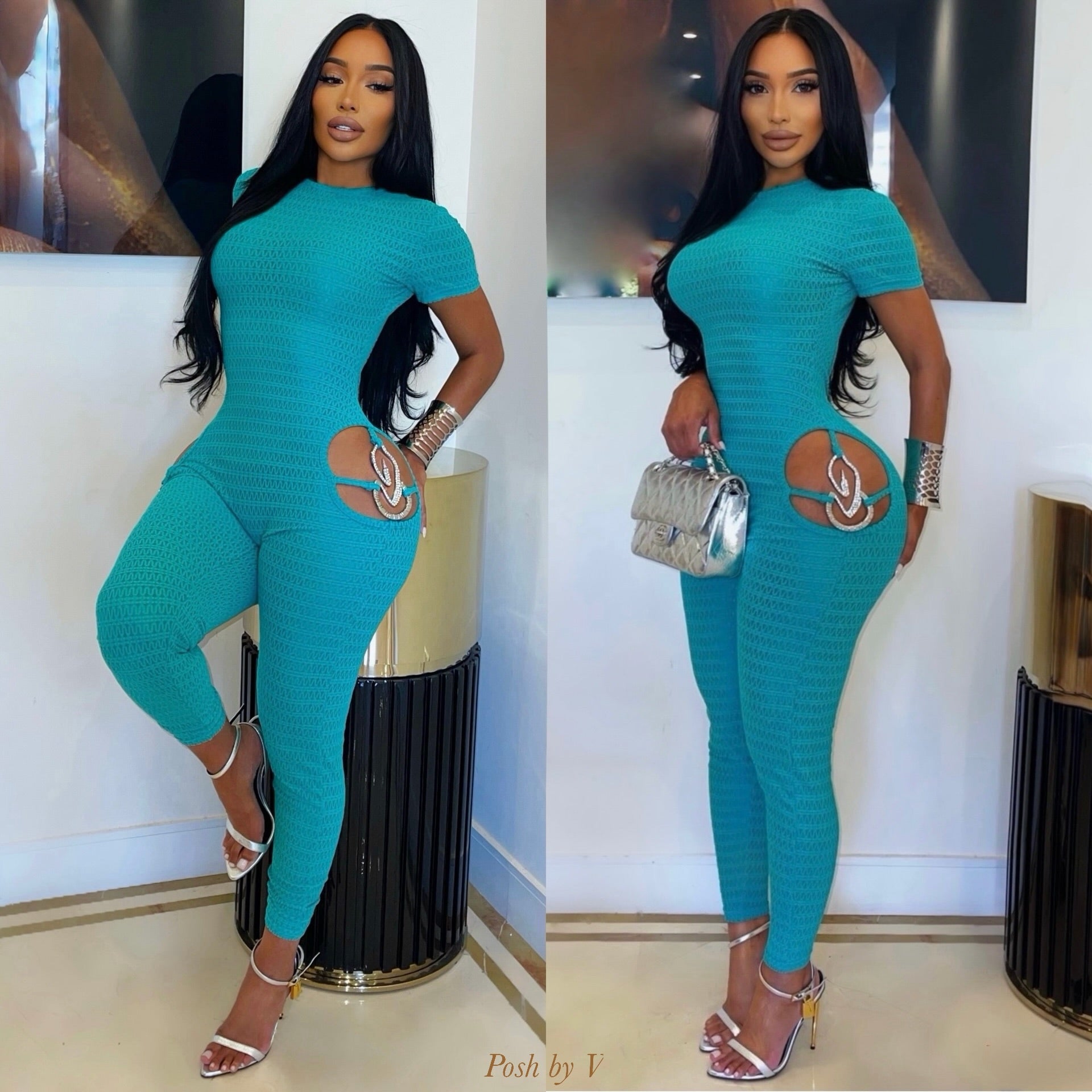 Posh cut out ruched jumpsuit (Aqua blue)