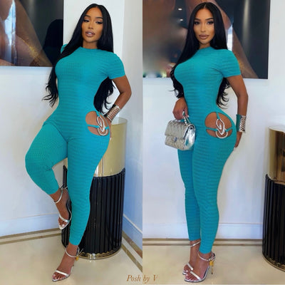 Posh cut out ruched jumpsuit (Aqua blue)