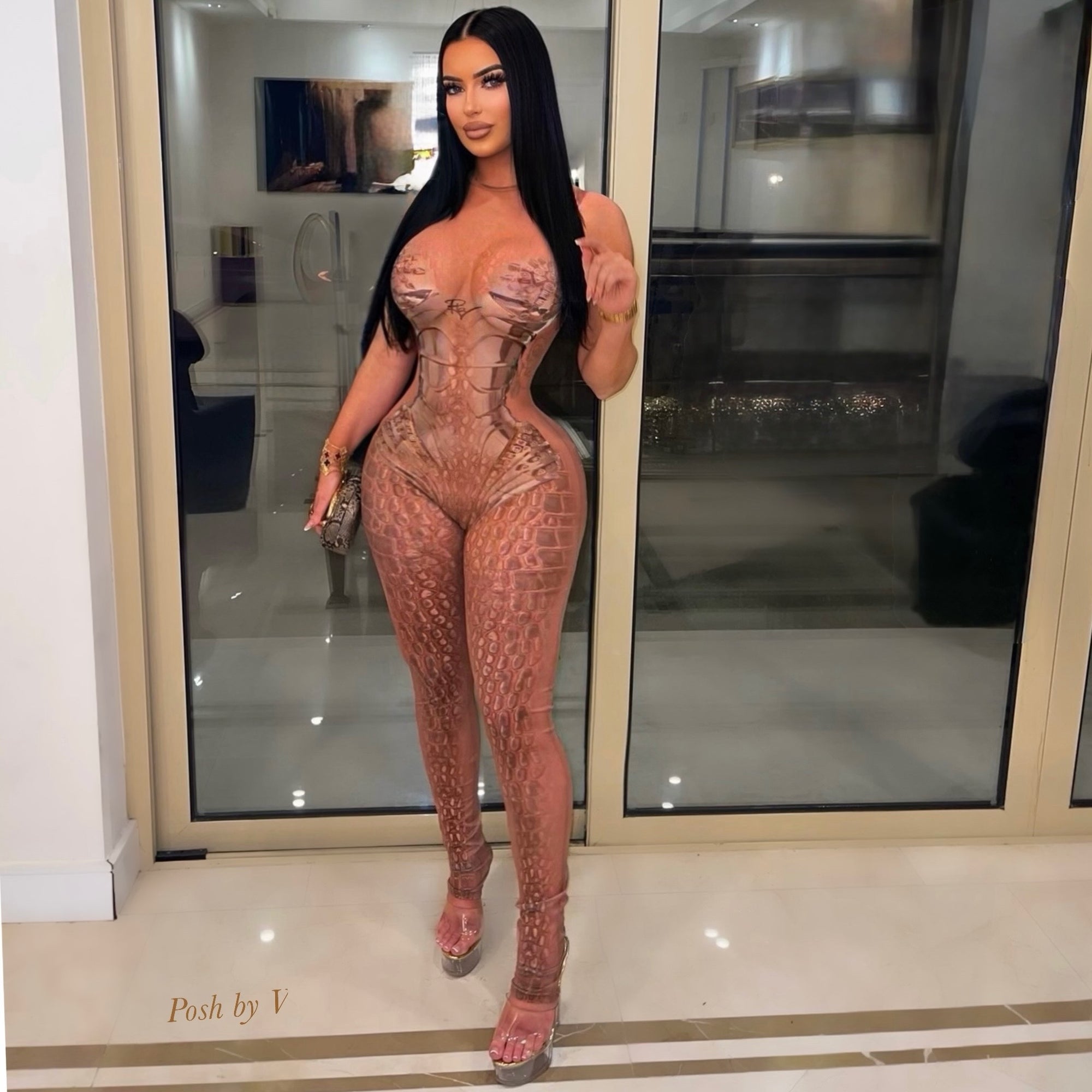 Posh croc body jumpsuit (Nude/brown)