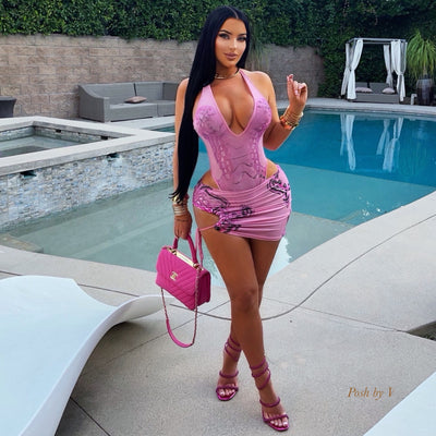 Posh croc monokini skirt set (Pink)