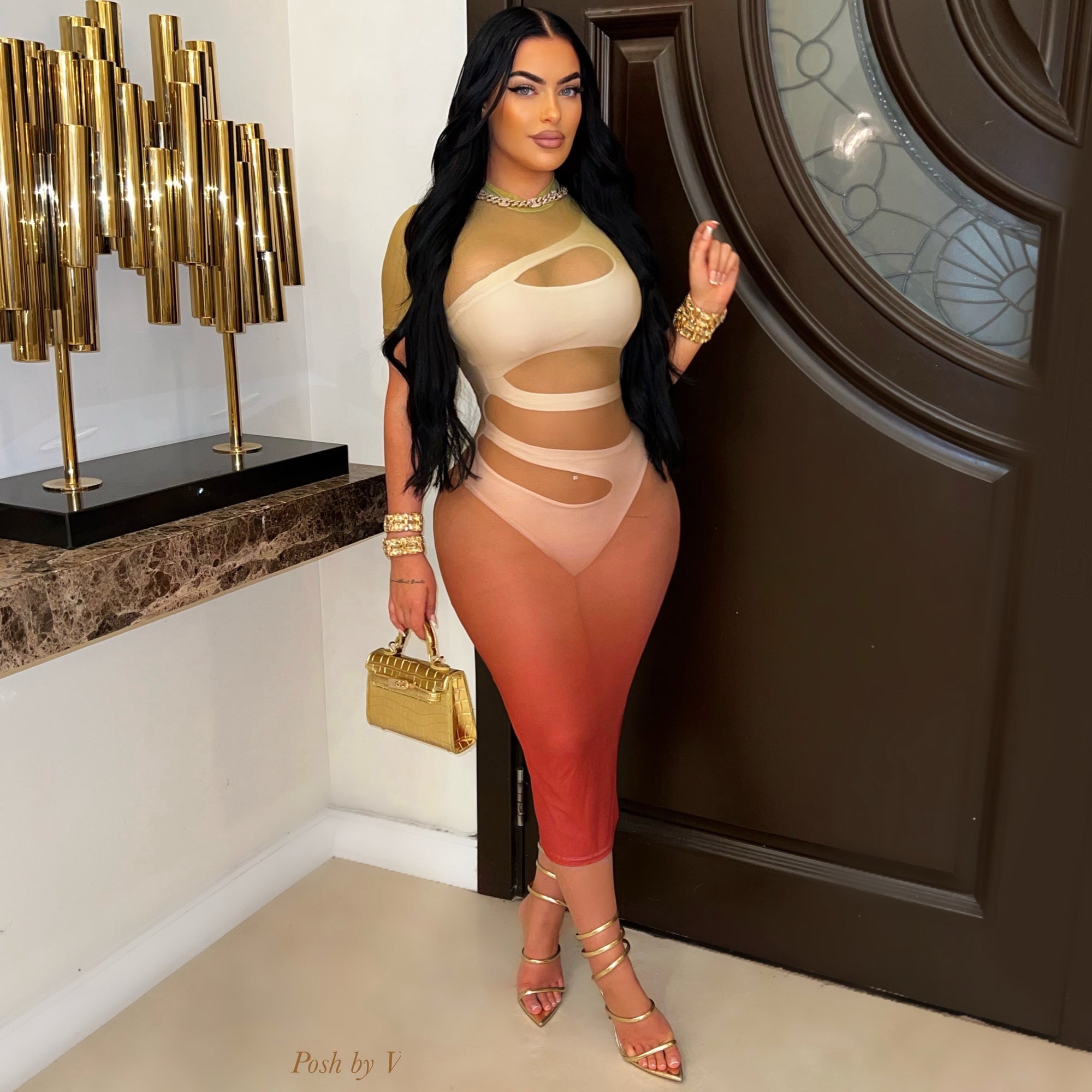 Zika ombré mesh dress (Olive/rust)