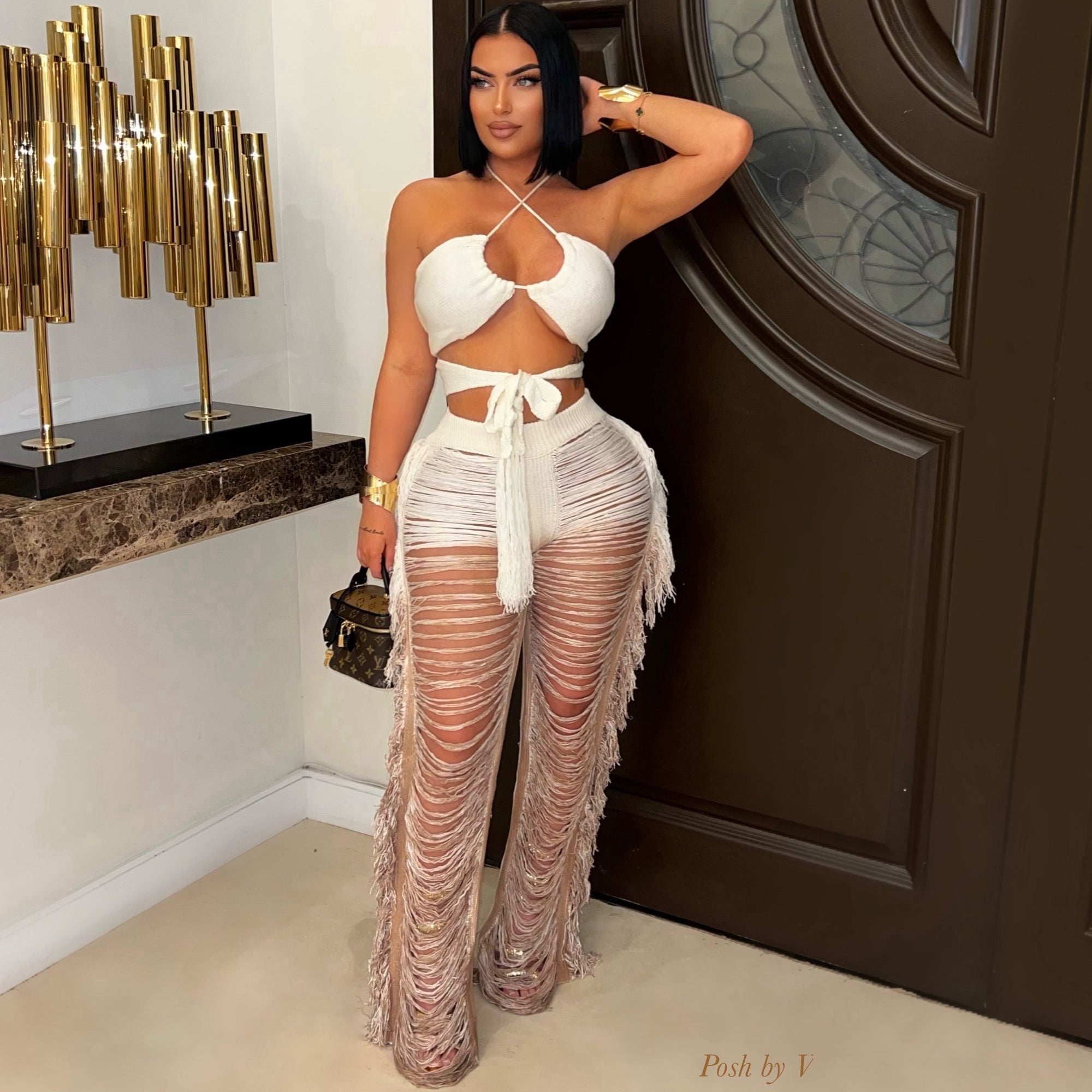 Terizzi ombre fringe pants set (Ivory/brown)