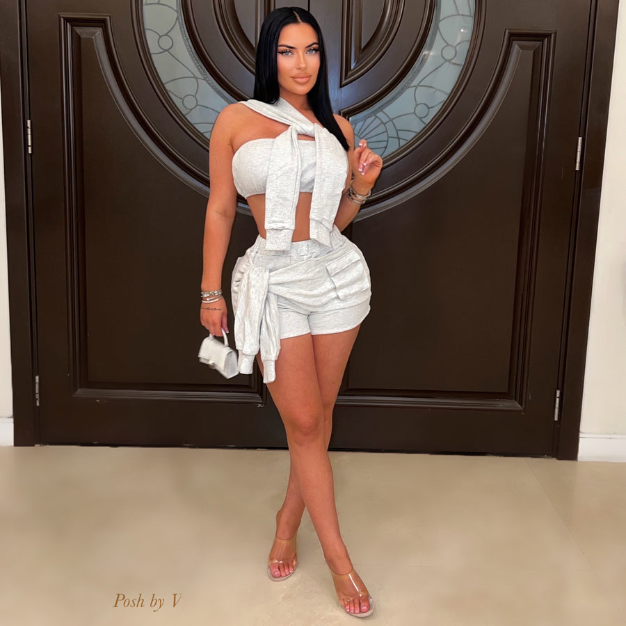 Pia sweater wrap shorts set (Grey)