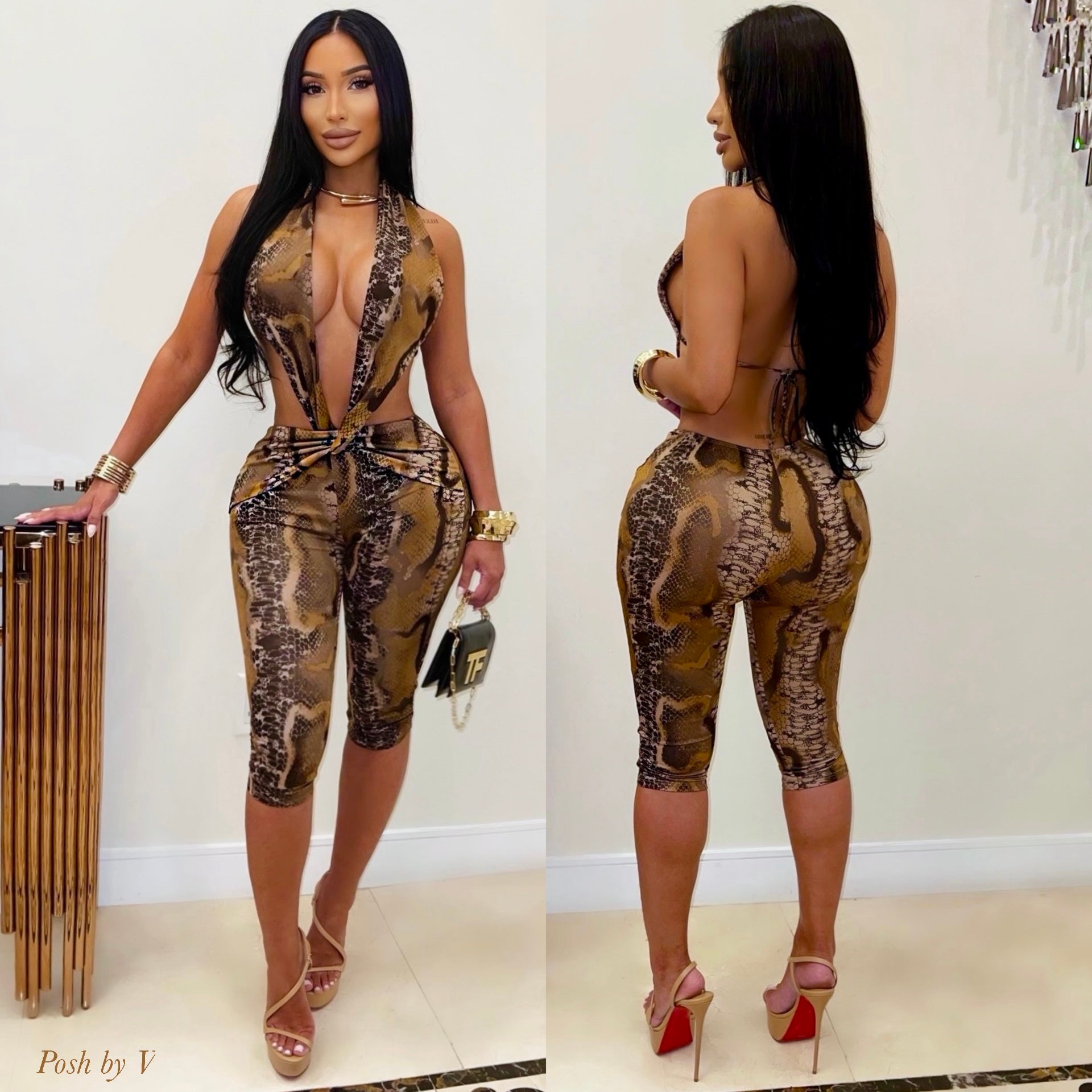 Halle snake twist jumpsuit (Brown multi)