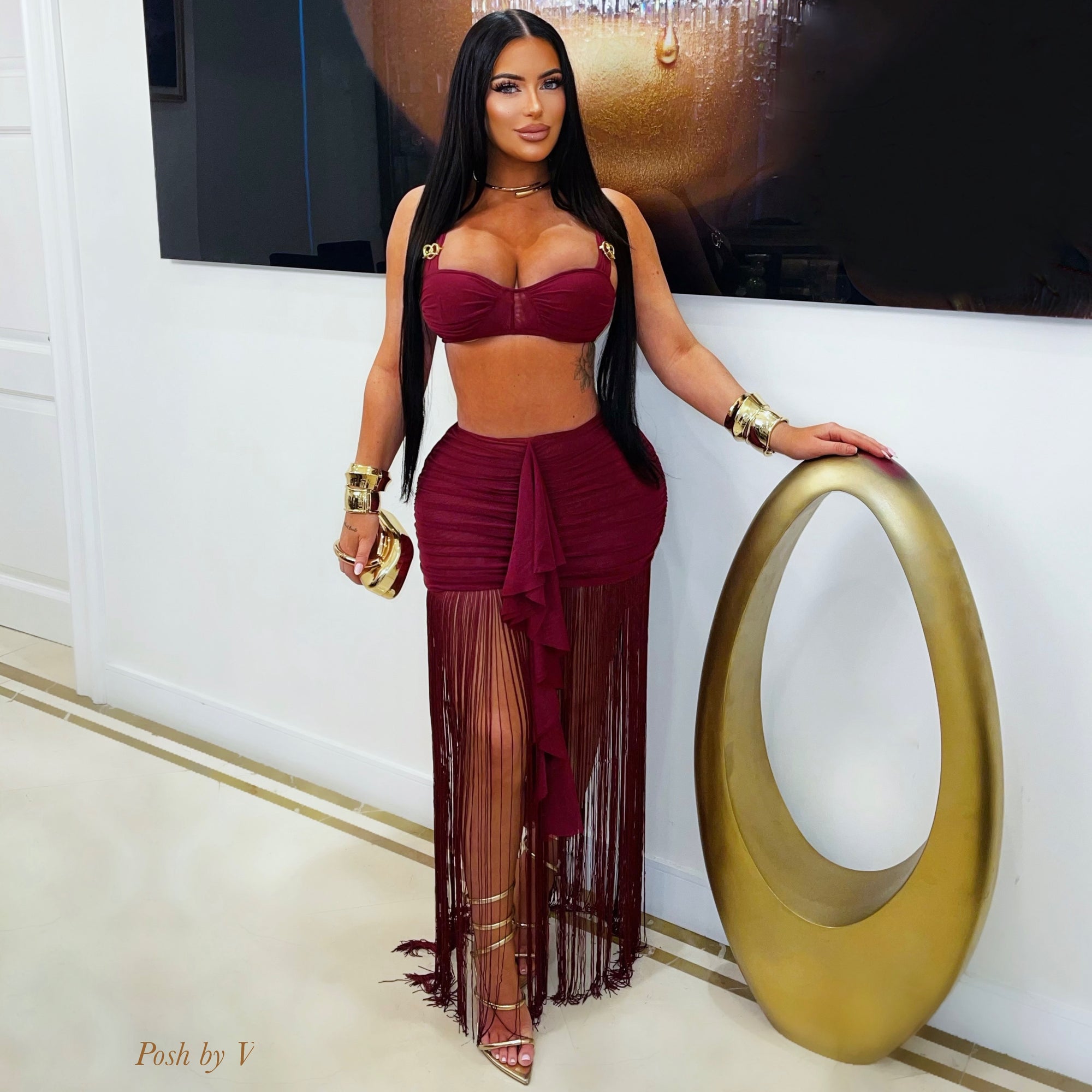 Saxa resort fringe skirt set (Wine)