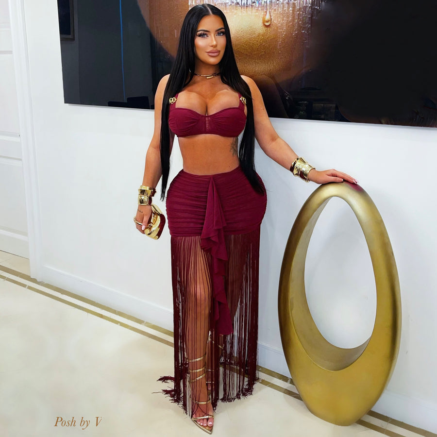 Saxa resort fringe skirt set (Wine)