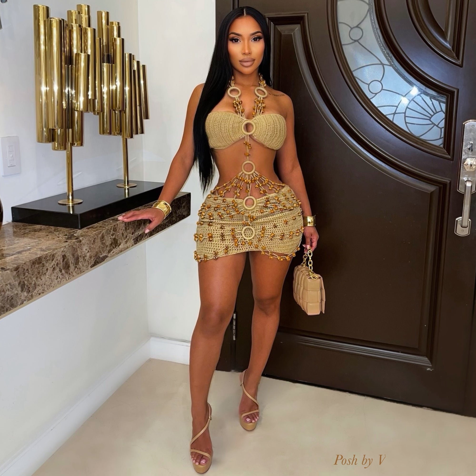 Zizi crochet beaded mini dress (Nude/brown)