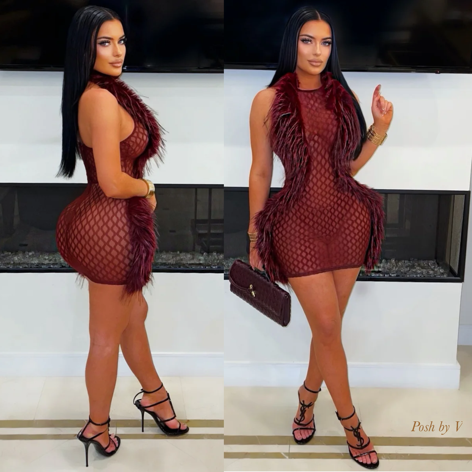 Couture fur mini dress (Burgundy)