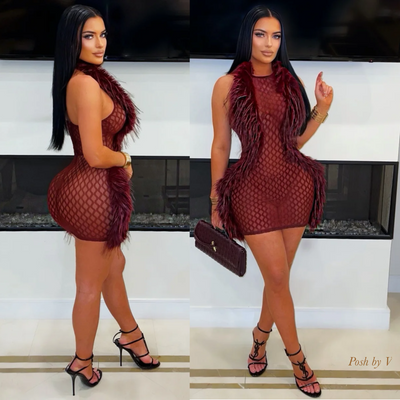 Couture fur mini dress (Burgundy)