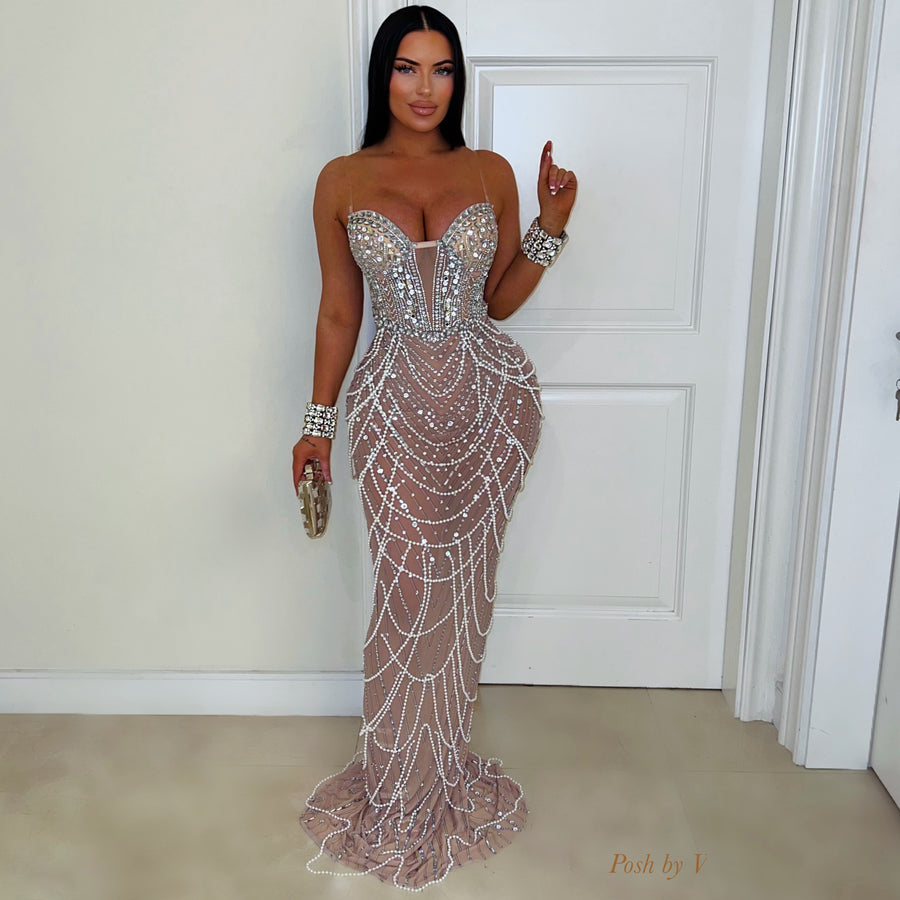 Elegance crystal pearl glam dress (White/nude)
