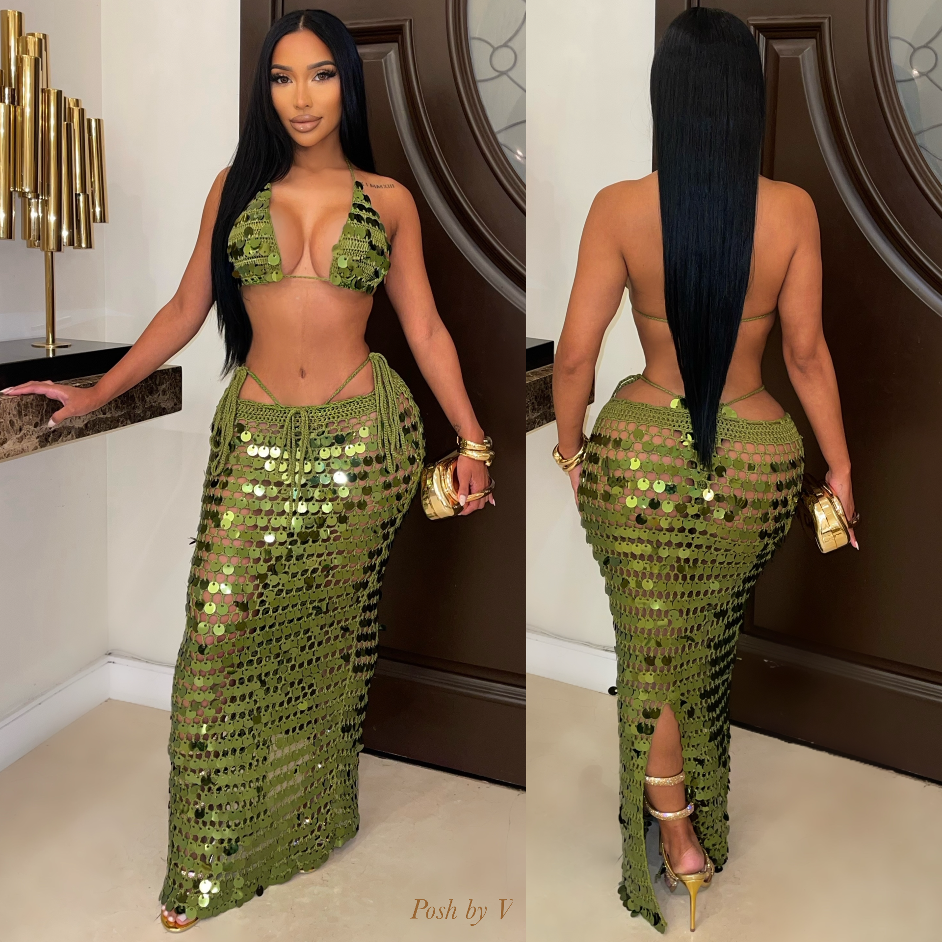 Trophy glam 3pcs bikini skirt set (Olive)