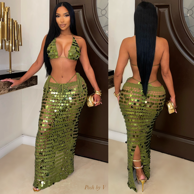 Trophy glam 3pcs bikini skirt set (Olive)