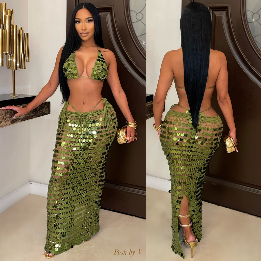 Trophy glam 3pcs bikini skirt set (Olive)