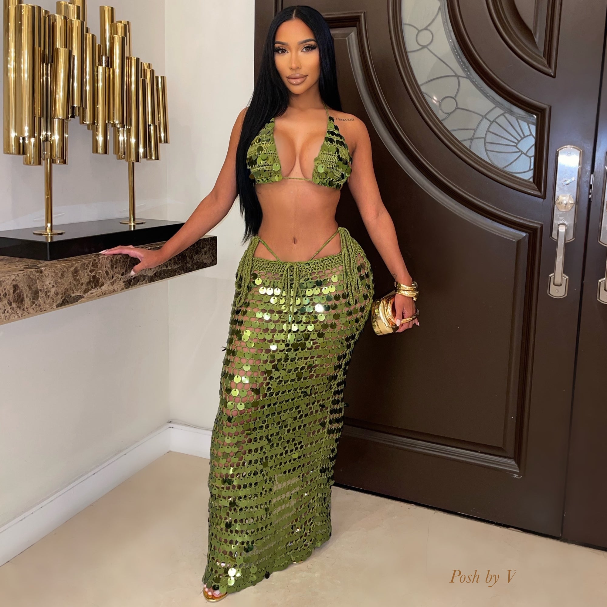 Trophy glam 3pcs bikini skirt set (Olive)
