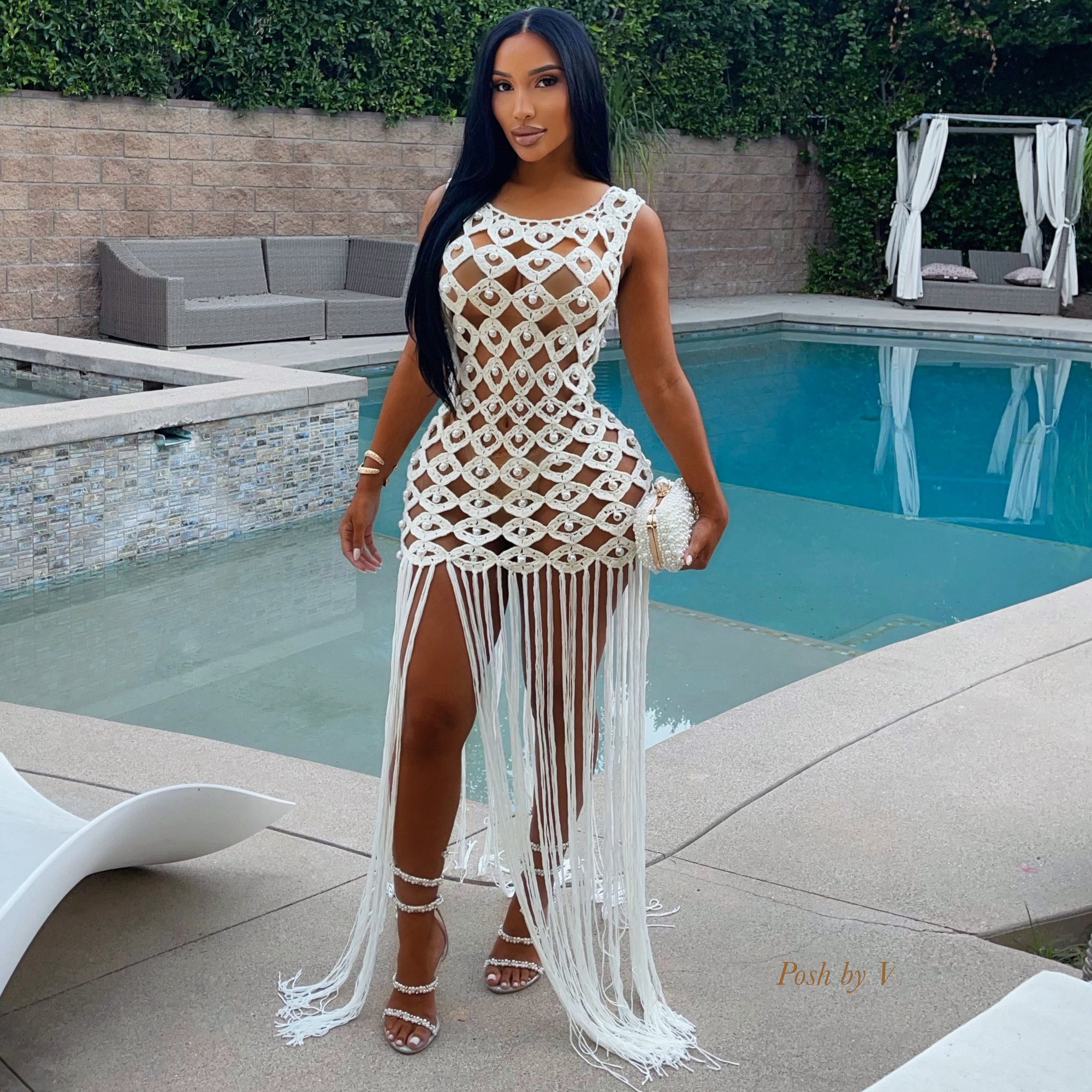 Catalina pearl crochet fringe dress (Ivory)