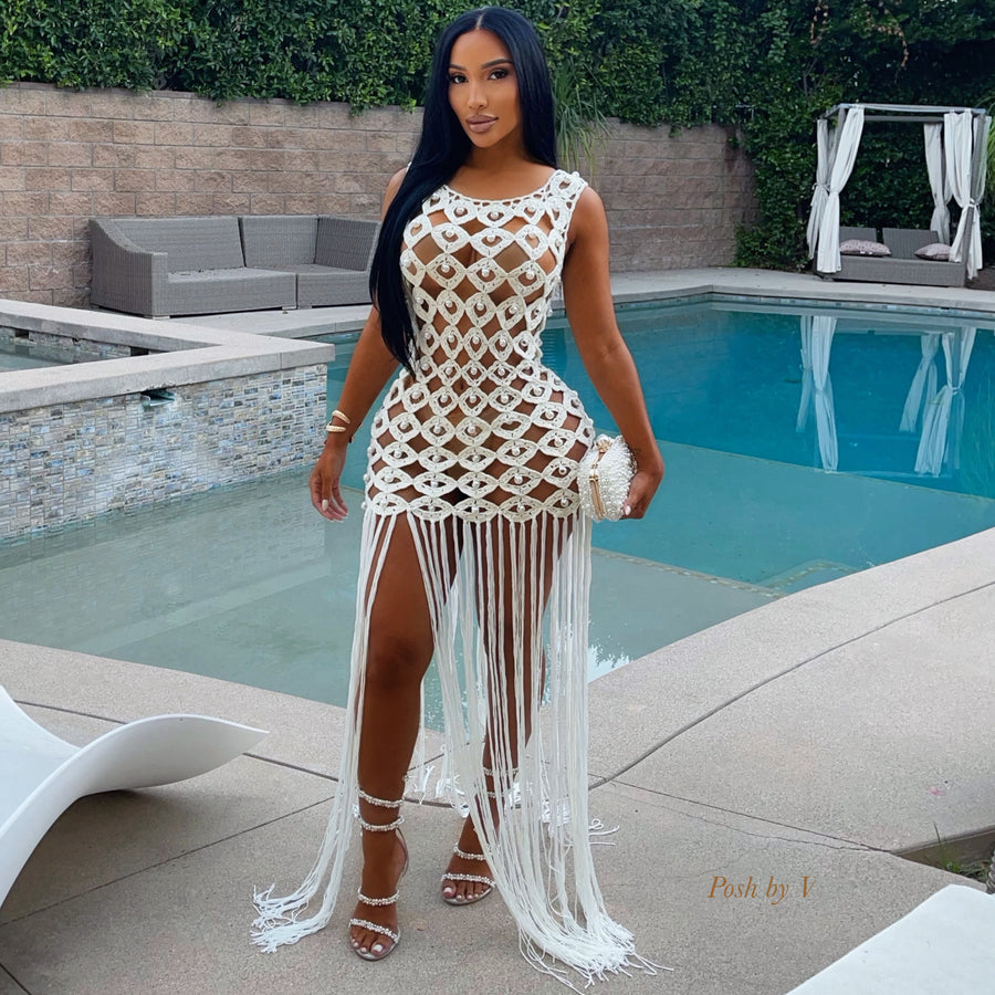 Catalina pearl crochet fringe dress (Ivory)