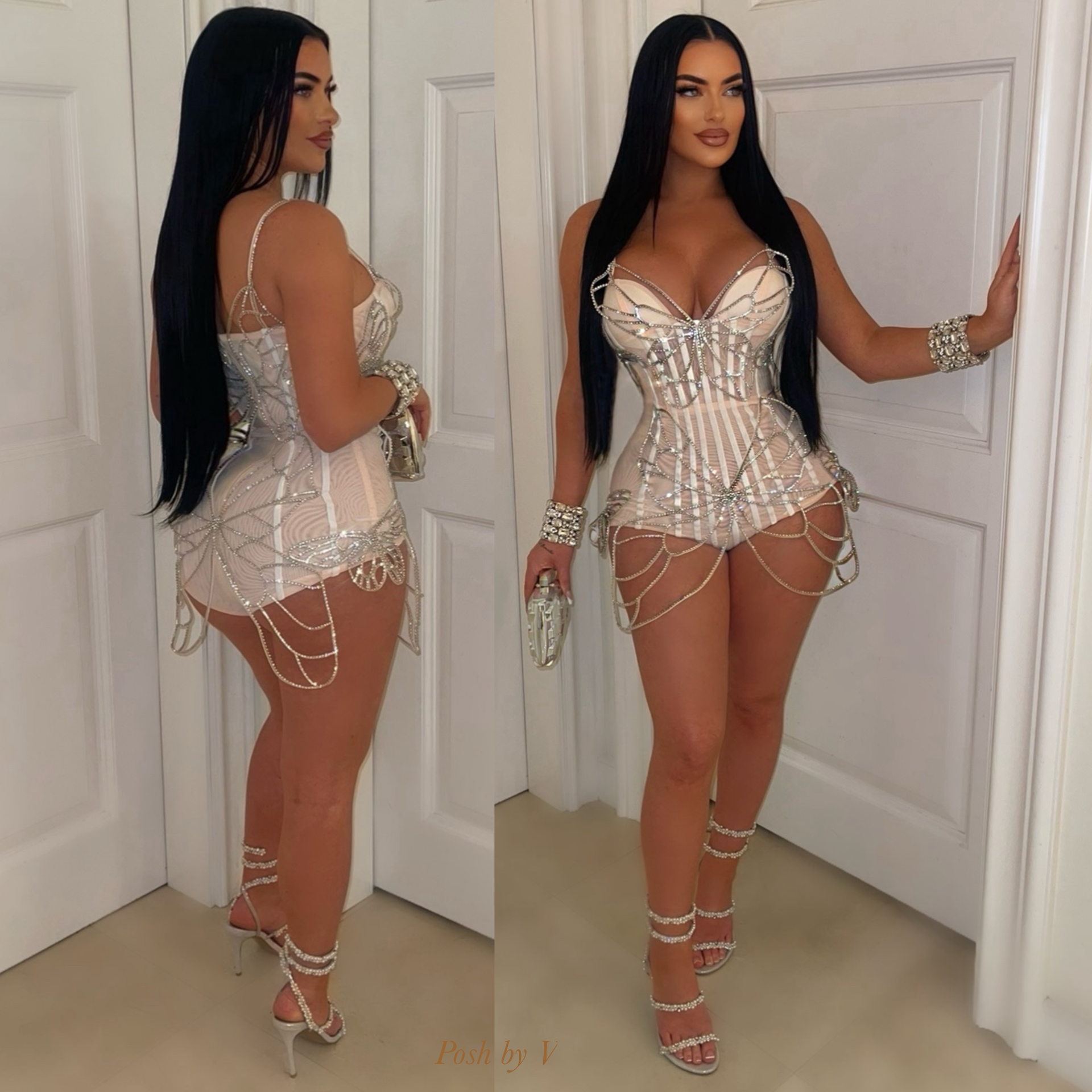 Butterfly corset crystal romper (Nude/silver)