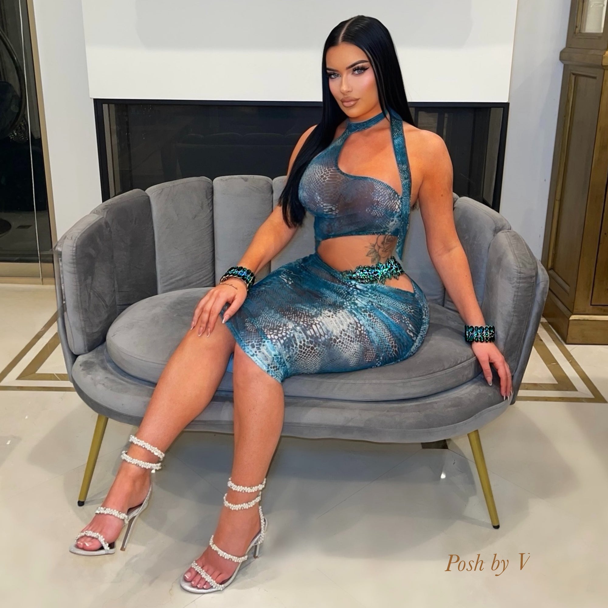 Posh snake glam dress (Aqua/white)