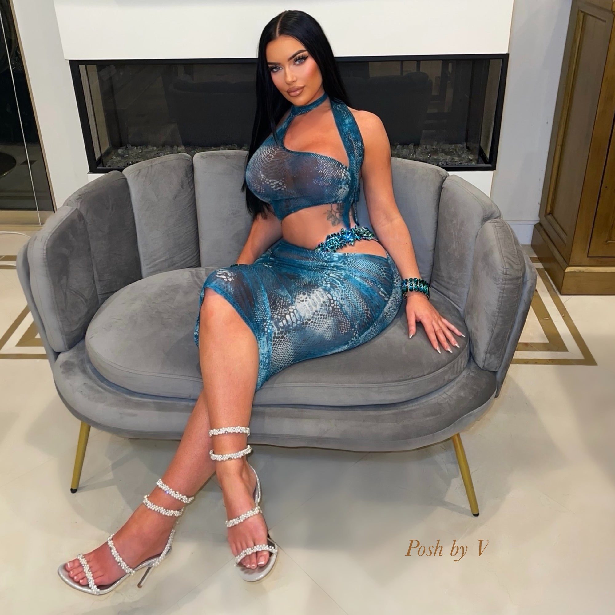 Posh snake glam dress (Aqua/white)