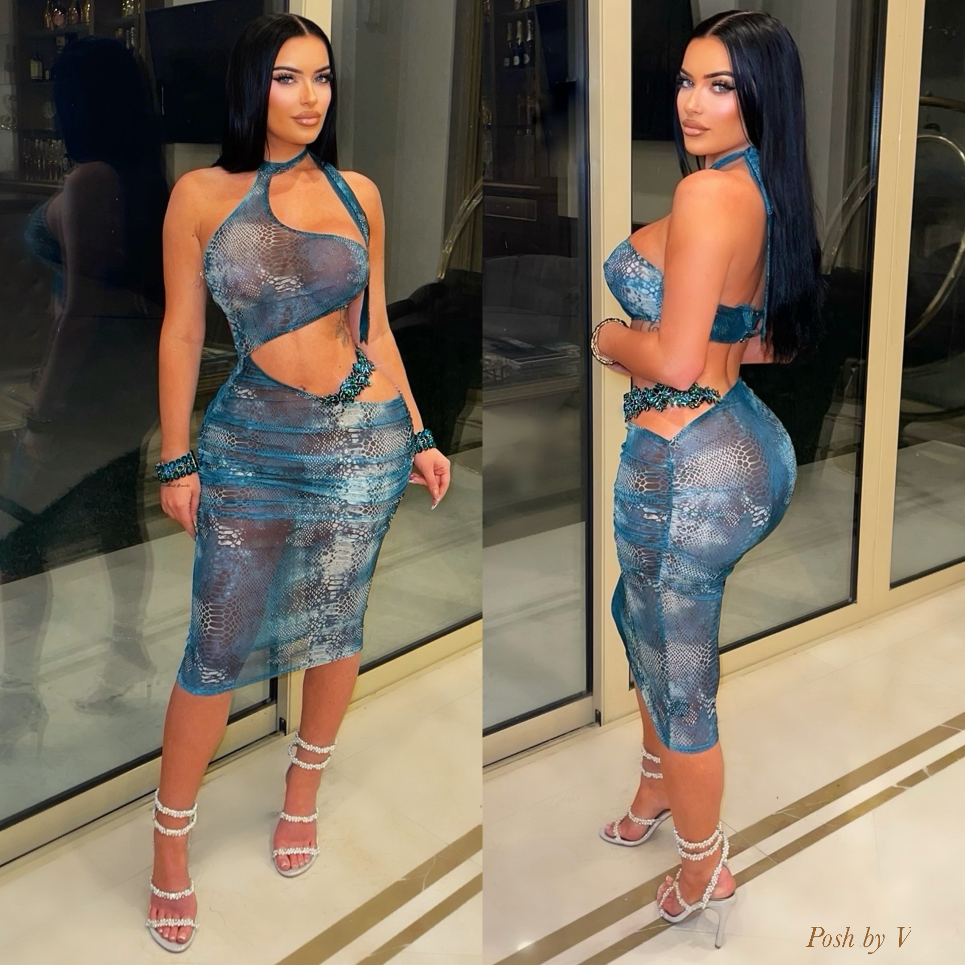 Posh snake glam dress (Aqua/white)