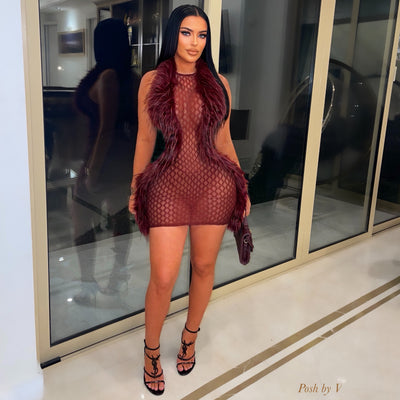 Couture fur mini dress (Burgundy)