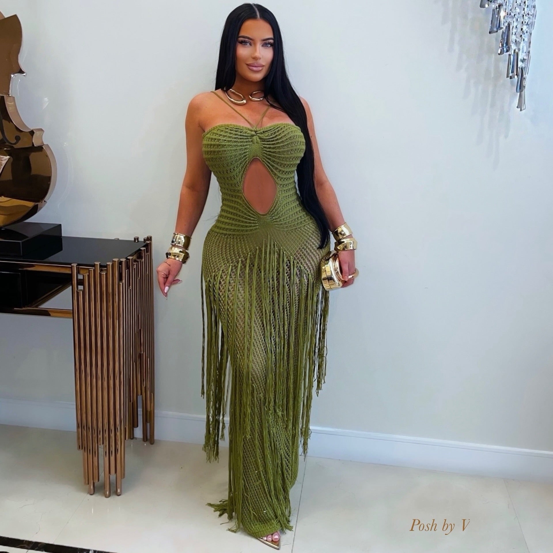 Anita crochet fringe maxi dress (Olive)