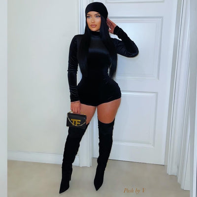 Reah velvet romper w/headpiece (Black)