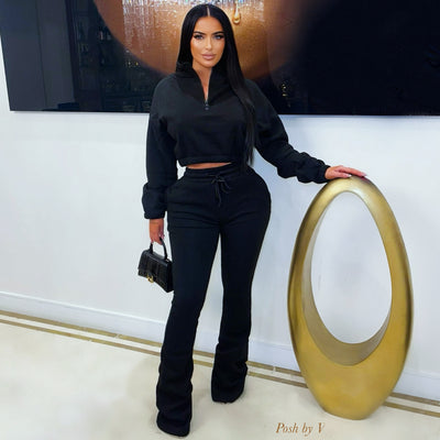 Vibe lounge stacked pants set (Black)