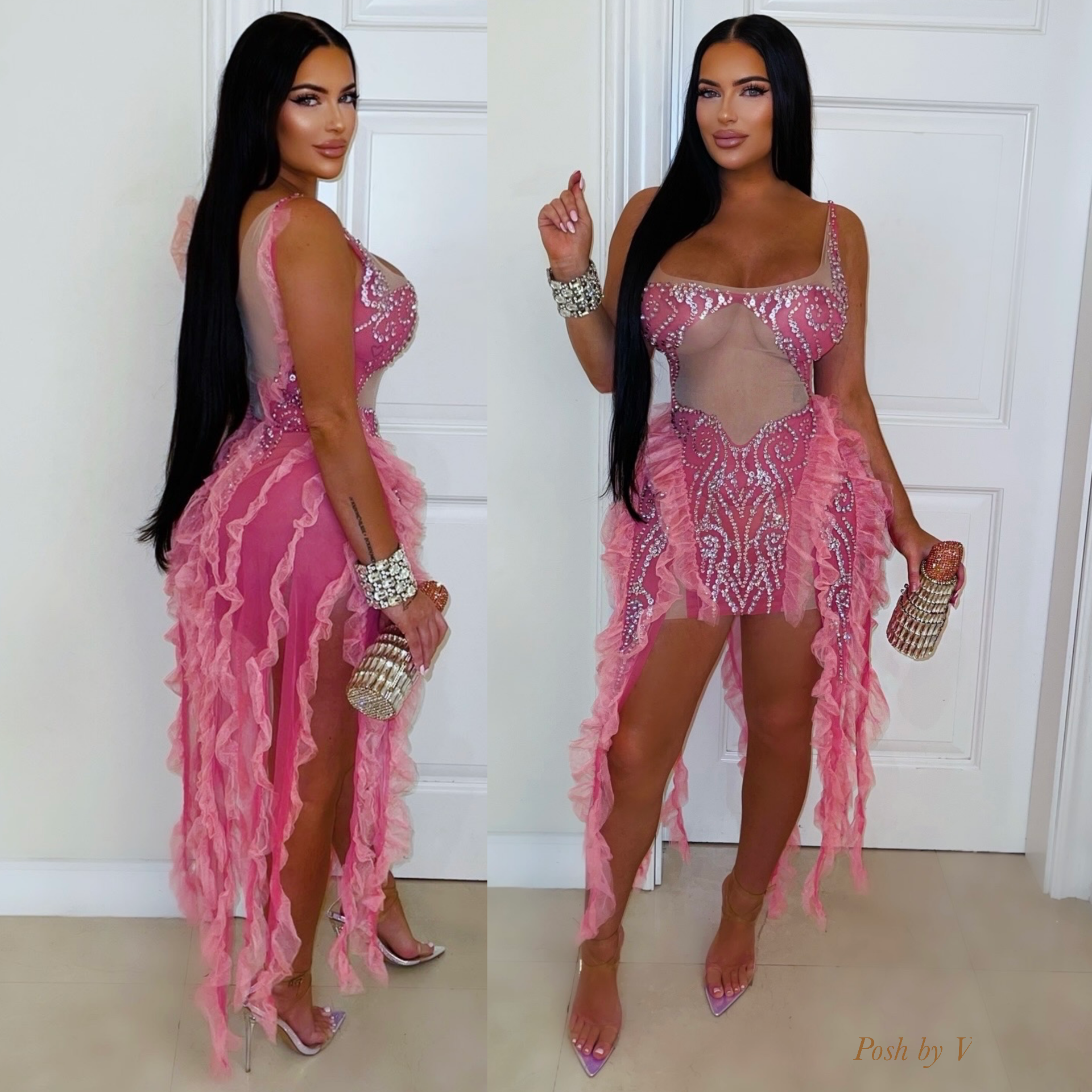 Saris crystal ruffle dress (Pink/Rose Pink)