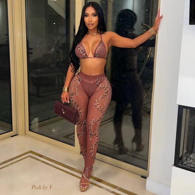 Posh croc 3pcs bikini set w/leggings (Brown)