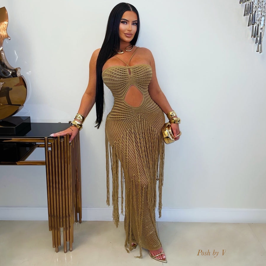 Anita crochet fringe maxi dress (Nude)