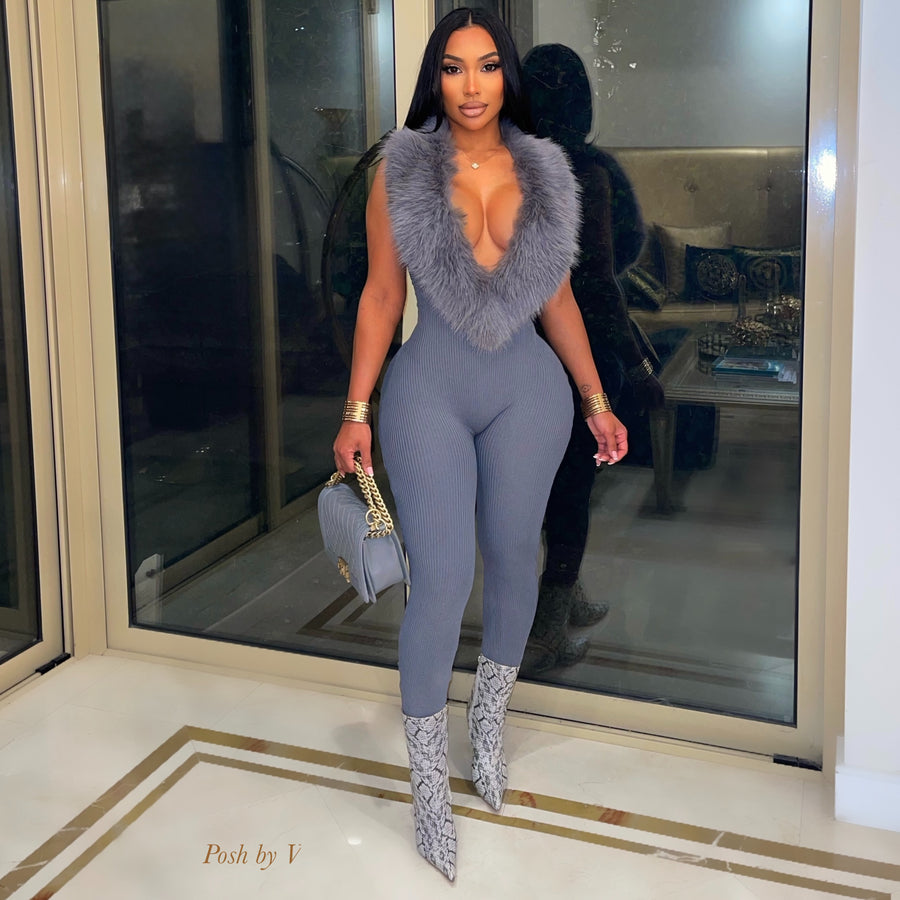 Imani fur jumpsuit (Grey)