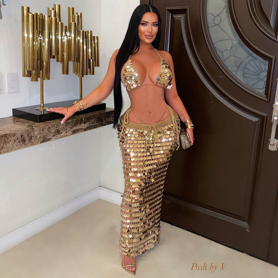 Trophy glam 3pcs bikini skirt set (Nude/Gold)