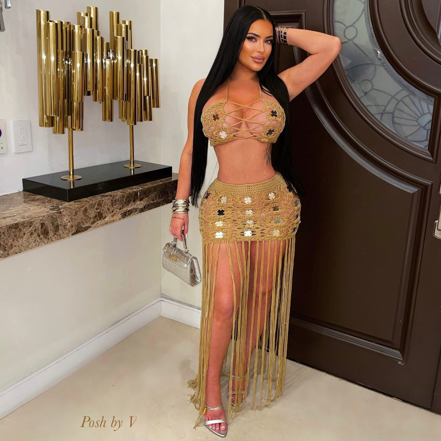 Azure crochet glam skirt set (Beige/silver)