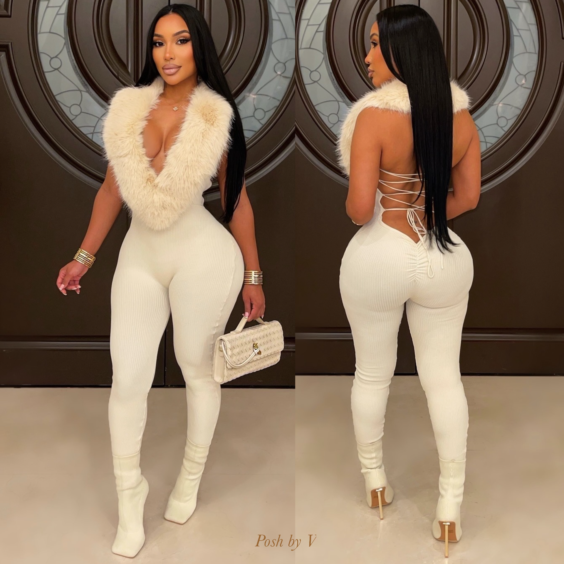 Imani fur jumpsuit (Ivory)