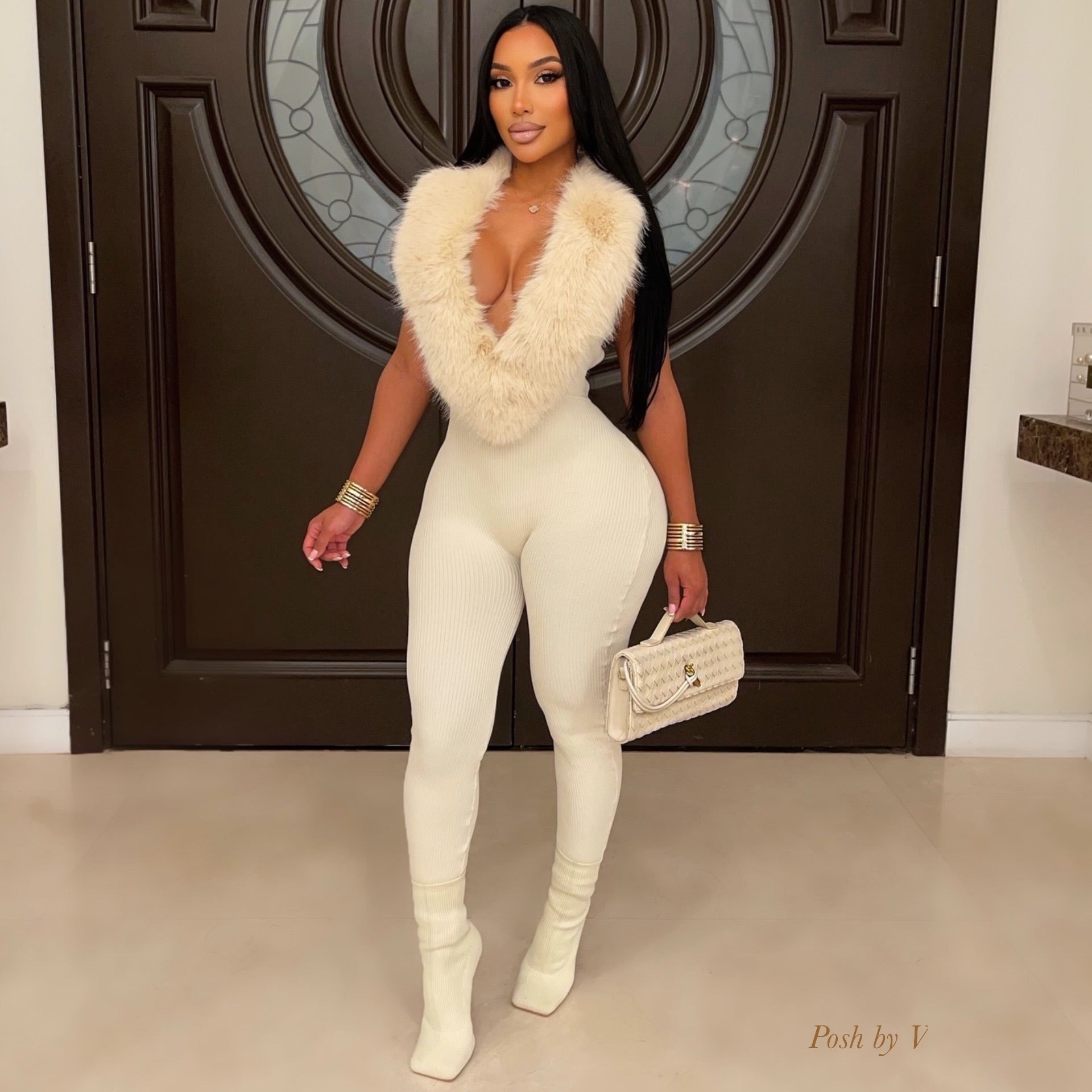 Imani fur jumpsuit (Ivory)