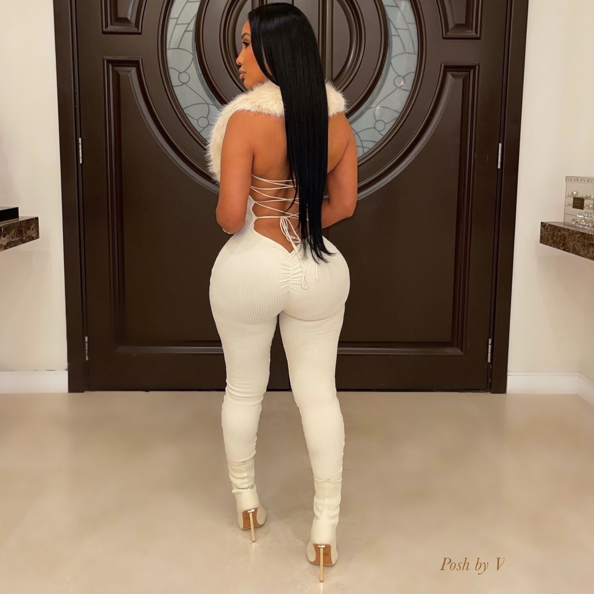 Imani fur jumpsuit (Ivory)